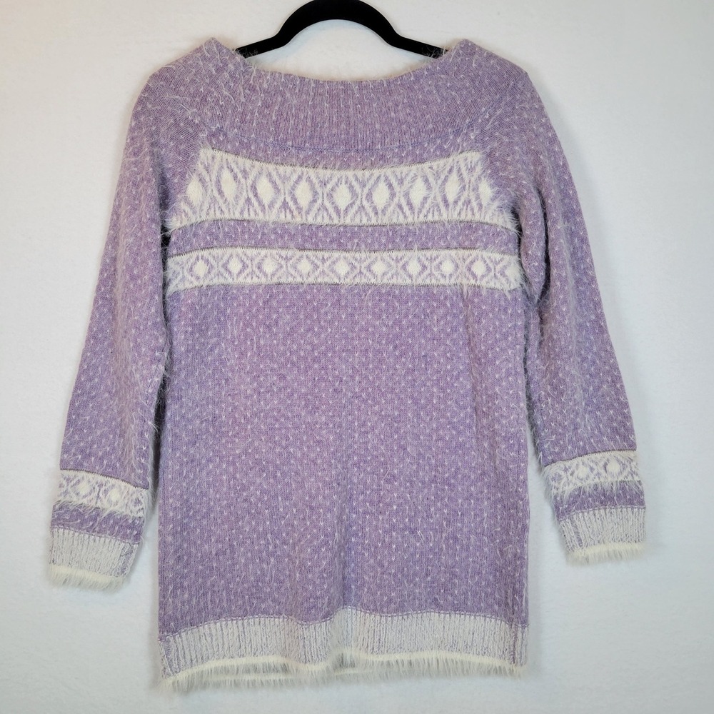 Sleeping on Snow Womens Fair Isle Knit Wool Eyelash Sweater Size Small Purple - Picture 6 of 11